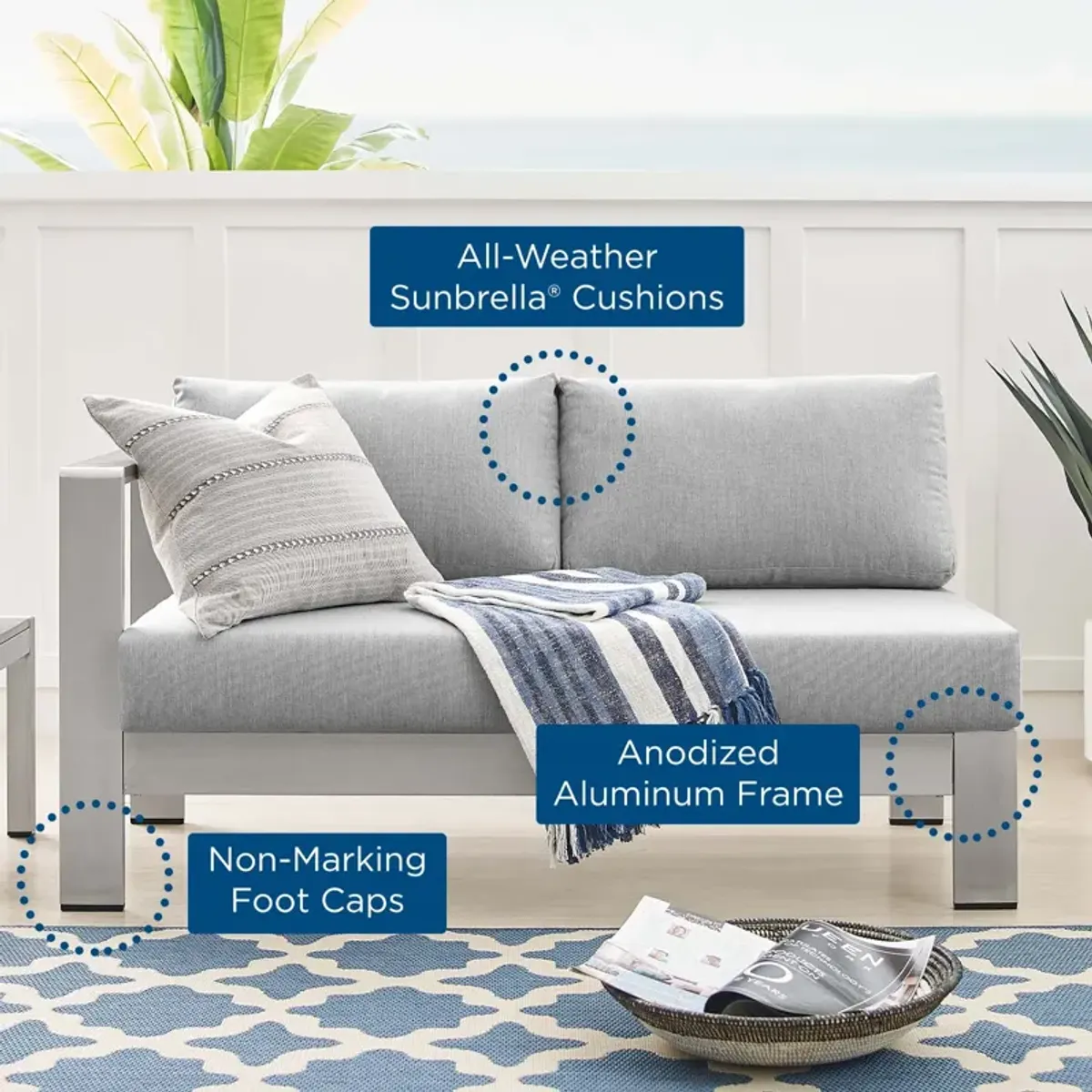 Shore Sunbrella® Fabric Aluminum Outdoor Patio Left-Arm Loveseat