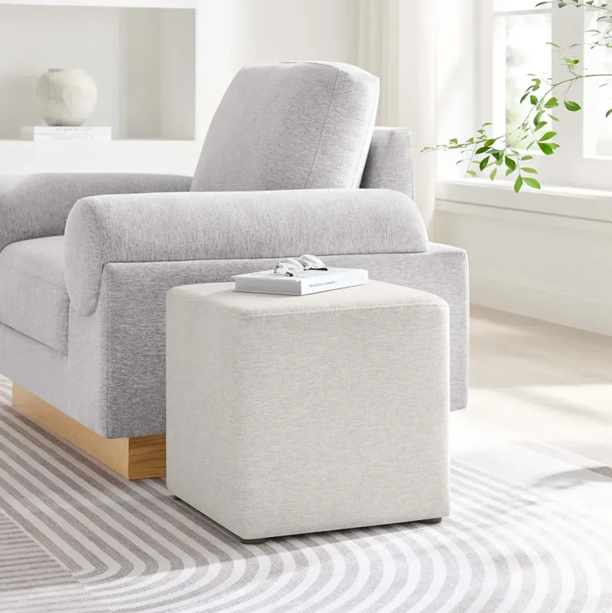 Callum 17" Square Woven Heathered Fabric Upholstered Ottoman by Modway