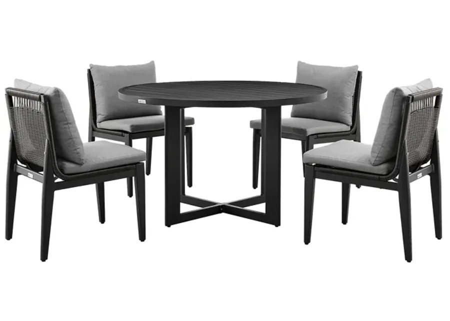 Cayman Outdoor Patio 5-Piece Round Dining Table Set in Aluminum with Grey Cushions