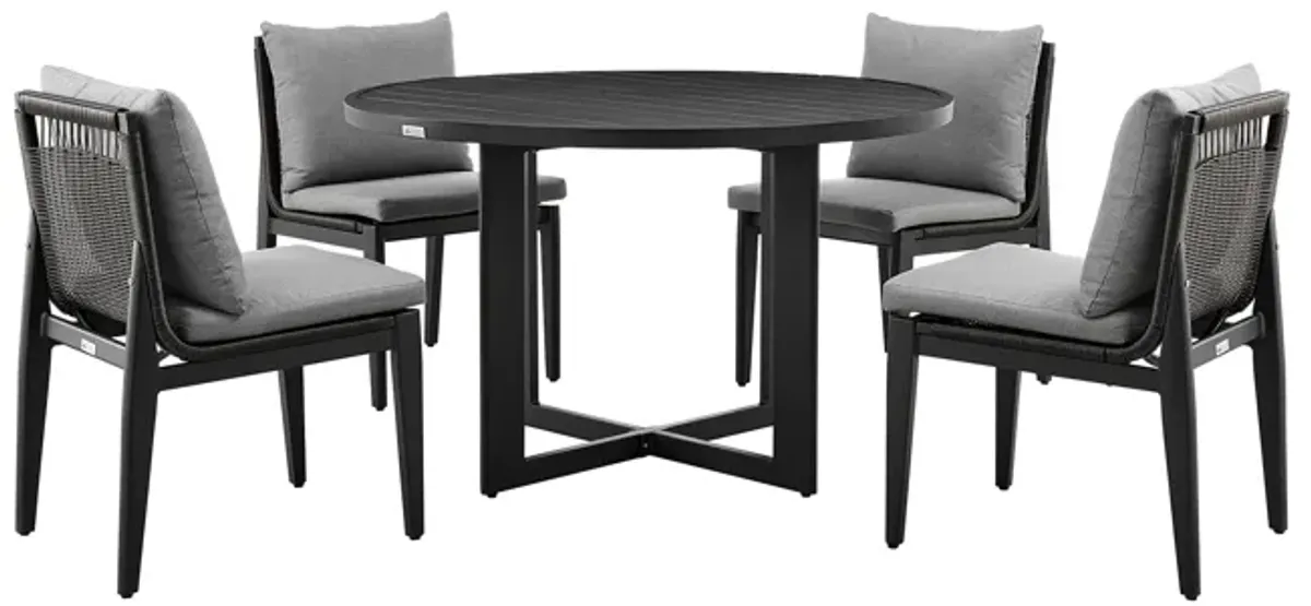 Cayman Outdoor Patio 5-Piece Round Dining Table Set in Aluminum with Grey Cushions