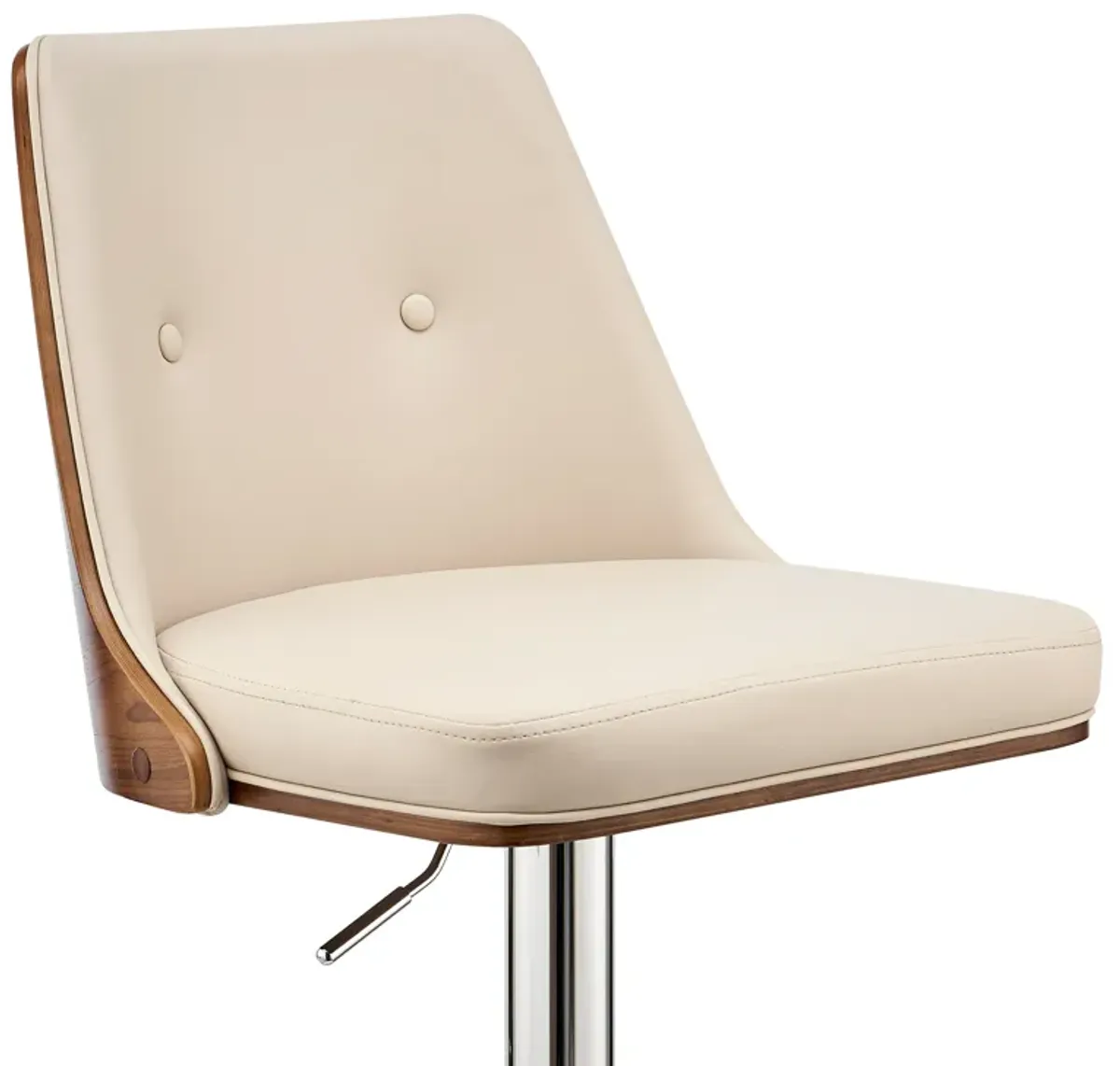 Jacob Adjustable and Swivel Cream Faux Leather and Walnut Wood Bar Stool with Chrome Base