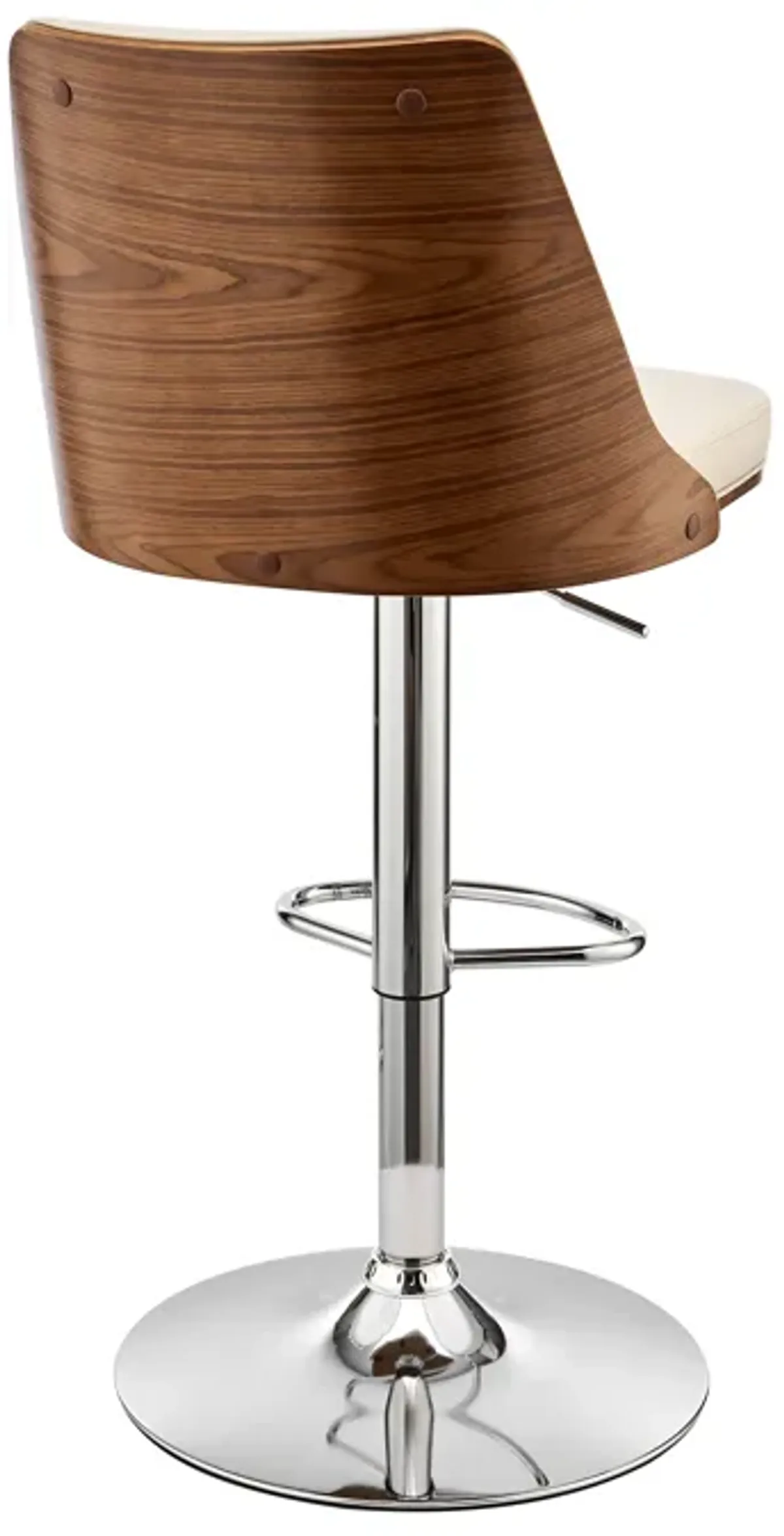 Jacob Adjustable and Swivel Cream Faux Leather and Walnut Wood Bar Stool with Chrome Base