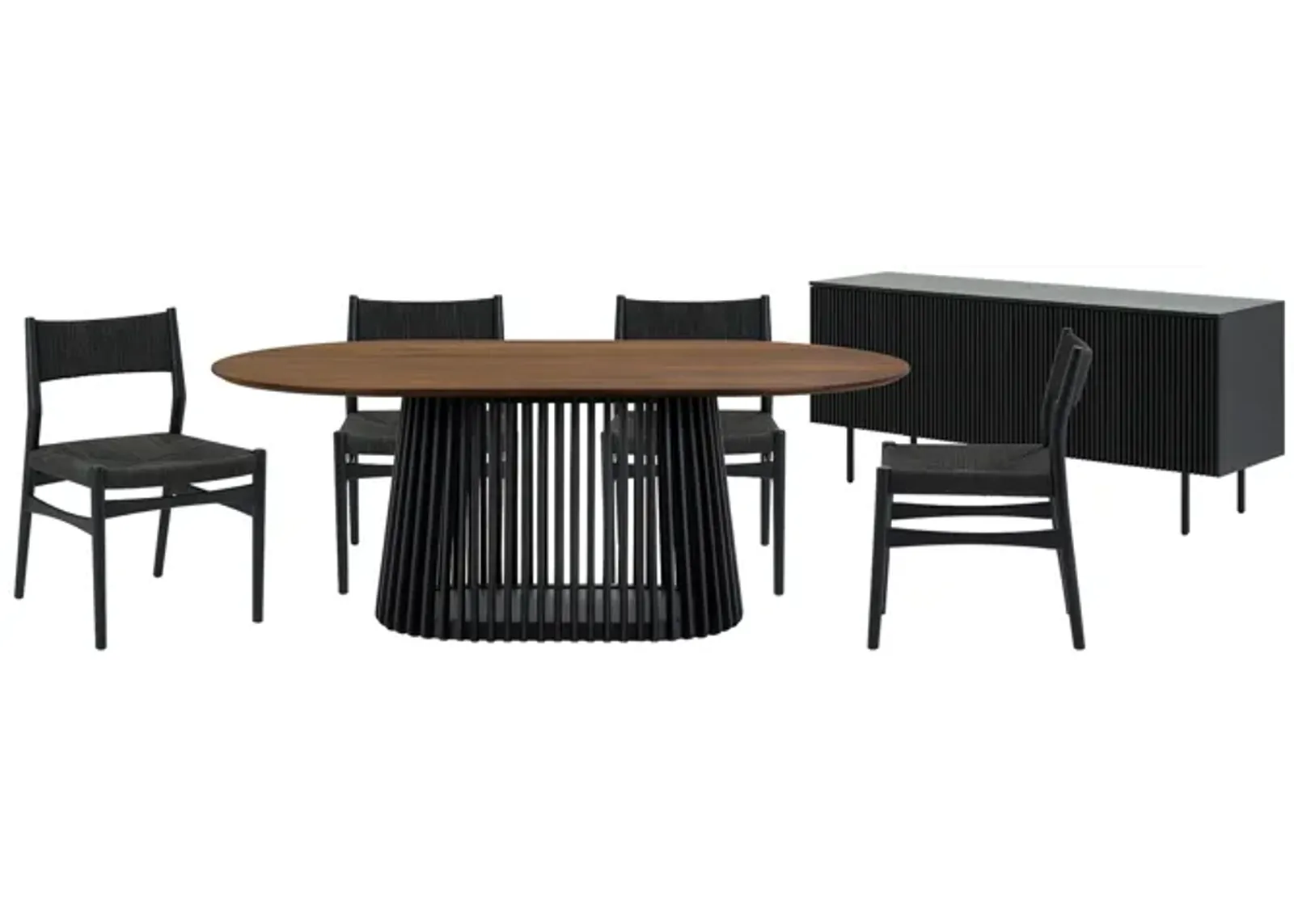 Pasadena Erie 6 Piece Oval Dining Set with Buffet and Paper Cord Chairs in Black Finish with Walnut Finish Table Top