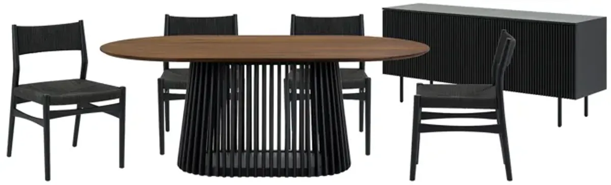 Pasadena Erie 6 Piece Oval Dining Set with Buffet and Paper Cord Chairs in Black Finish with Walnut Finish Table Top