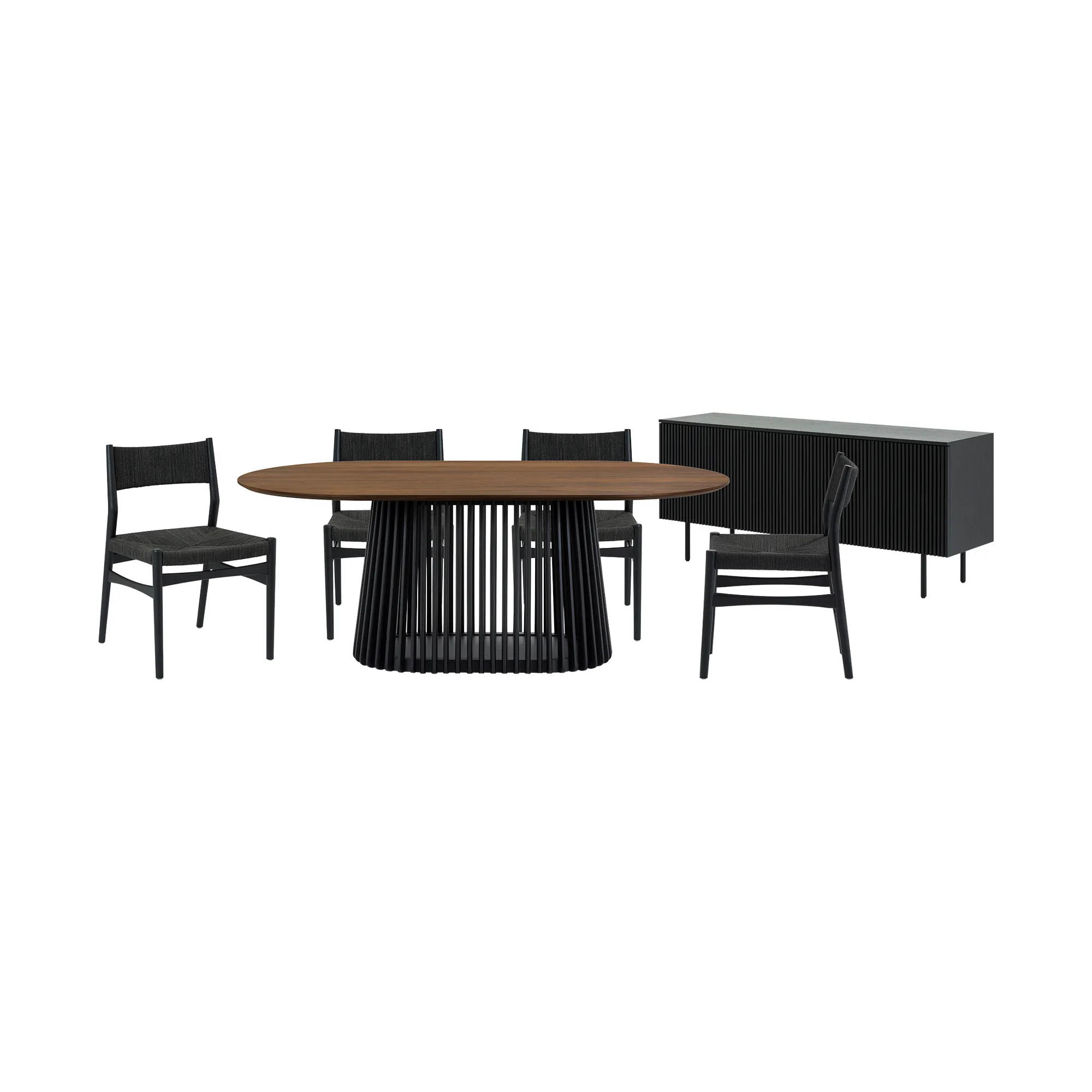 Pasadena Erie 6 Piece Oval Dining Set with Buffet and Paper Cord Chairs in Black Finish with Walnut Finish Table Top