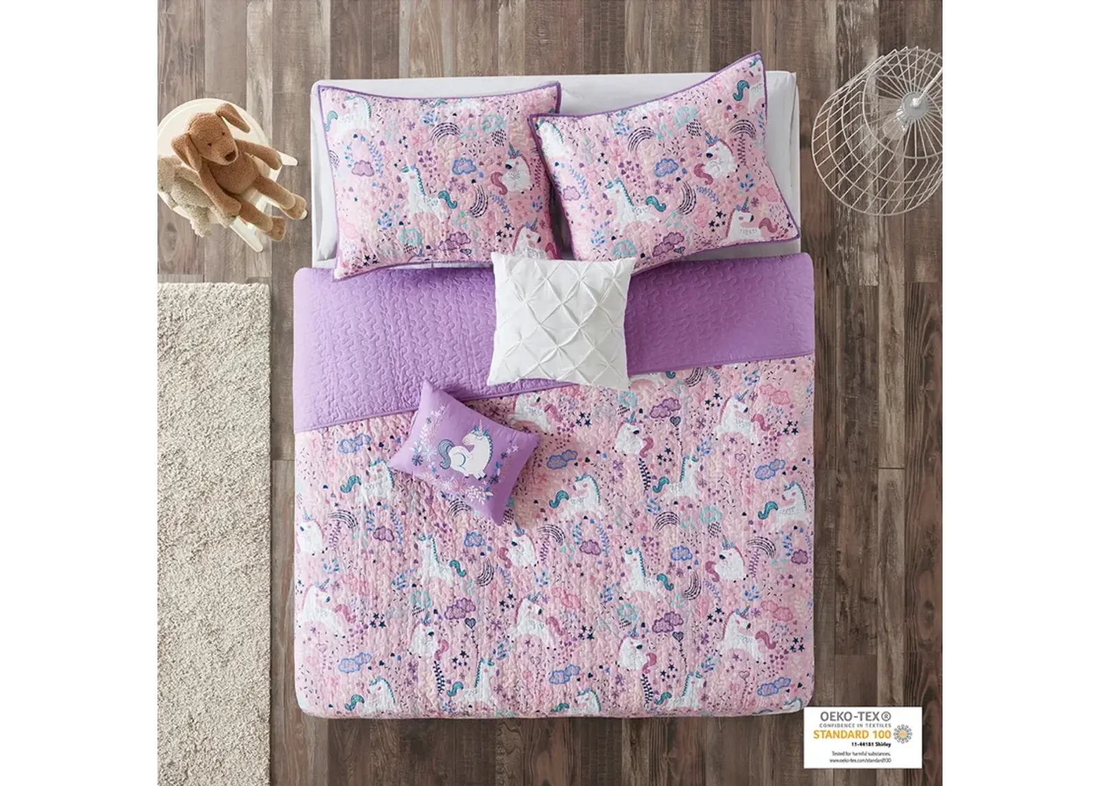 Urban Habitat Kids Lola Pink Unicorn Reversible Cotton  Quilt Set with Throw Pillows