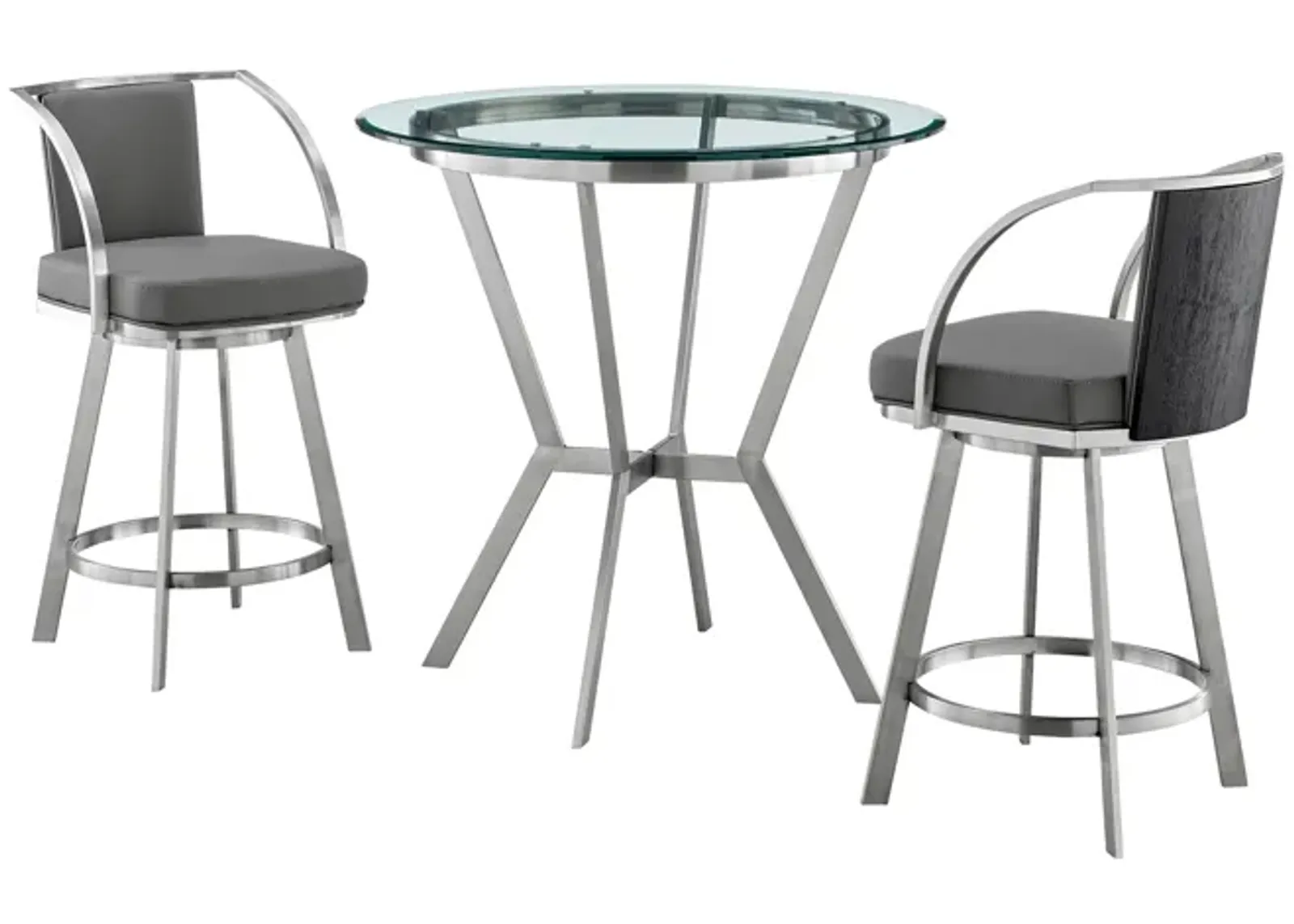 Naomi and Livingston 3-Piece Counter Height Dining Set in Brushed Stainless Steel and Grey Faux Leather