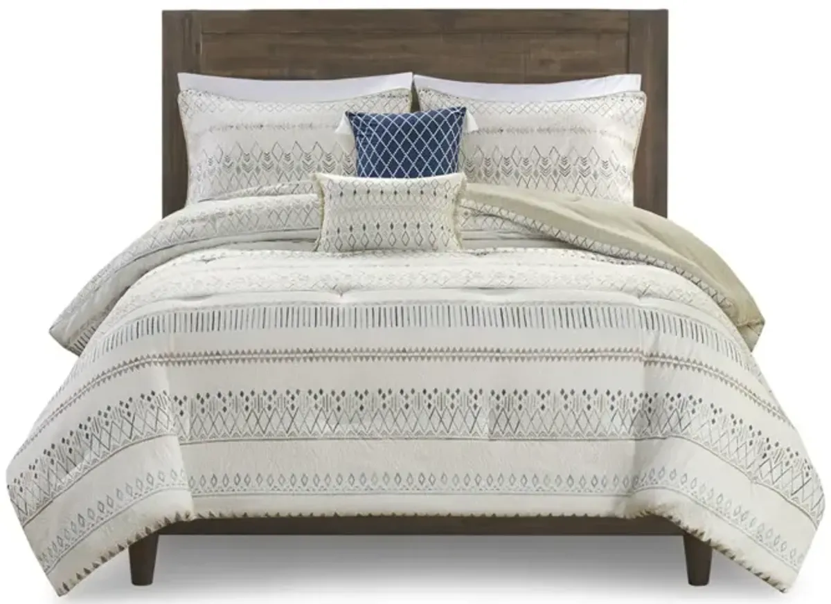 Madison Park Fraser Taupe/Blue 5 Piece Printed Seersucker Comforter Set with Throw Pillows