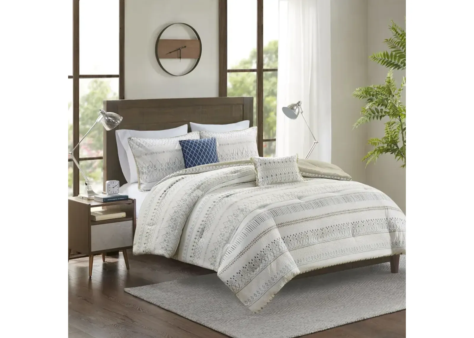 Madison Park Fraser Taupe/Blue 5 Piece Printed Seersucker Comforter Set with Throw Pillows