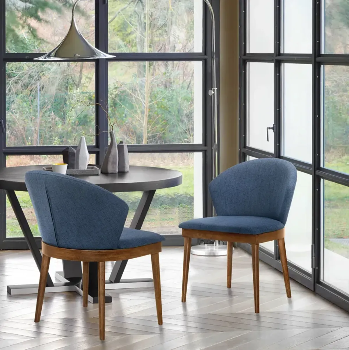 Juno Blue Fabric and Walnut Wood Dining Side Chairs - Set of 2