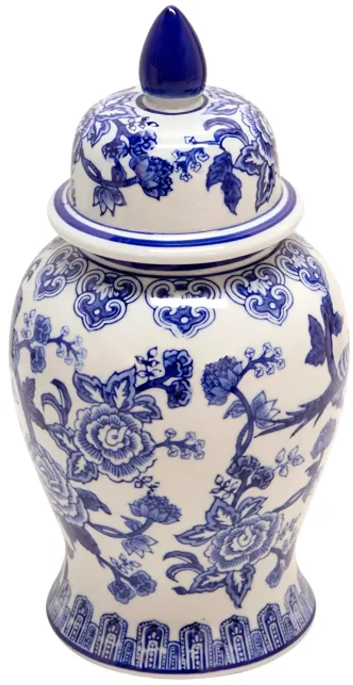 14" Temple Jar Bird/flower, Blue