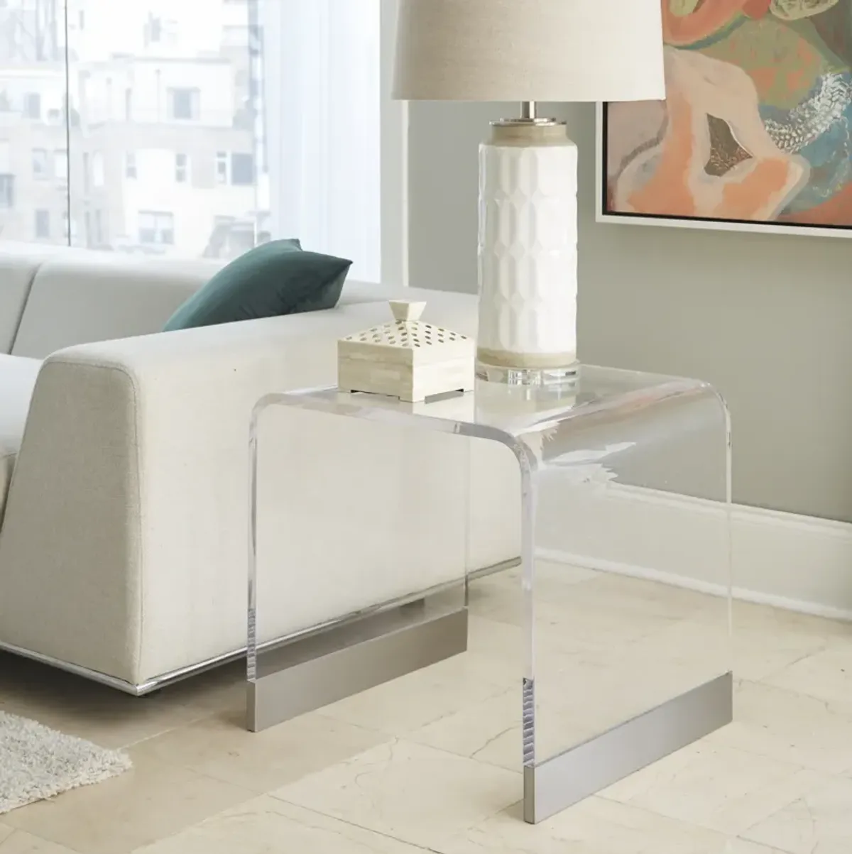 Bowie End Table in Clear Acrylic and Brushed Stainless Steel