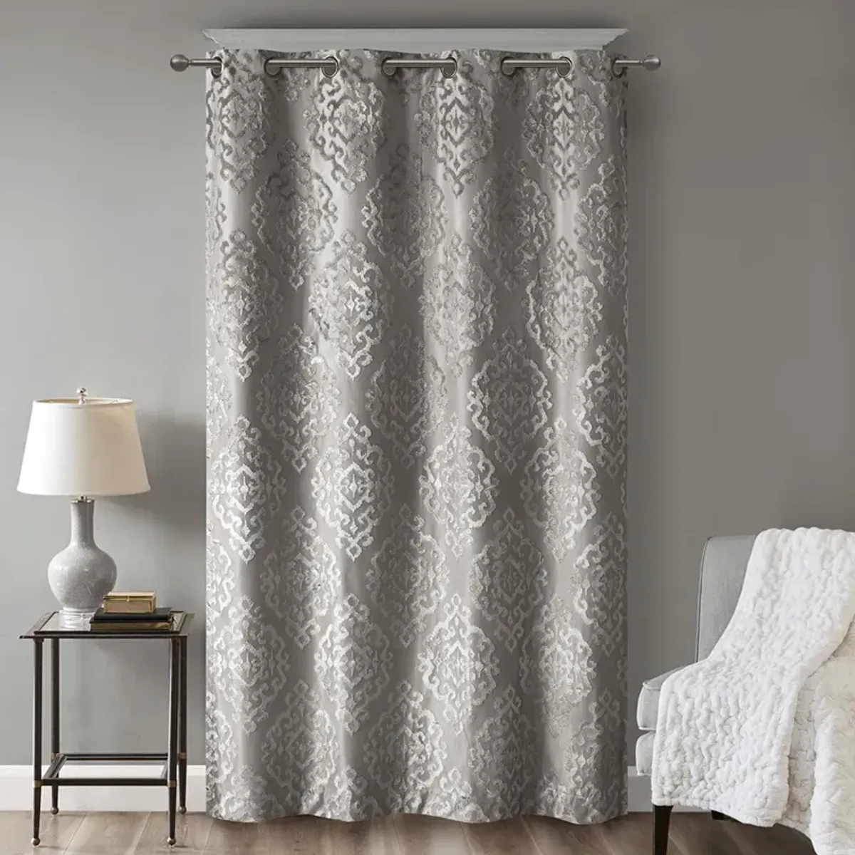 SunSmart Mirage Charcoal Knitted Jacquard Damask Total Blackout Grommet Top Curtain Panel