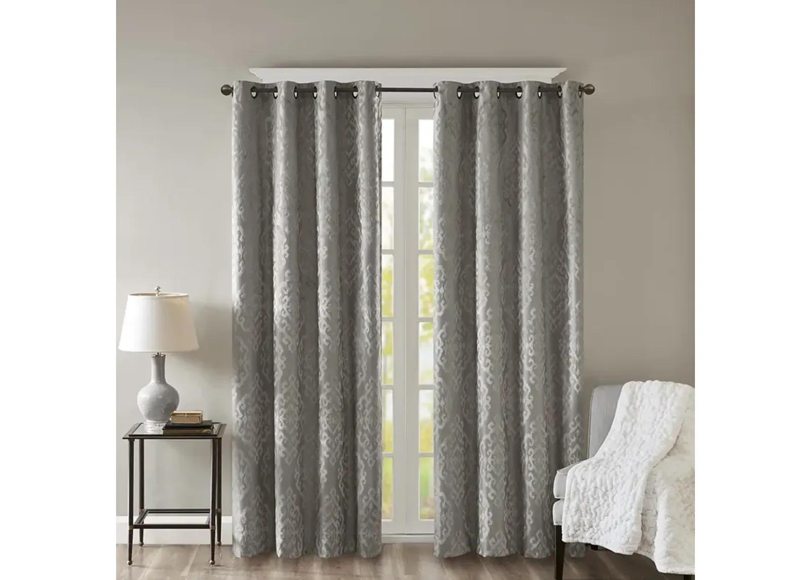 SunSmart Mirage Charcoal Knitted Jacquard Damask Total Blackout Grommet Top Curtain Panel