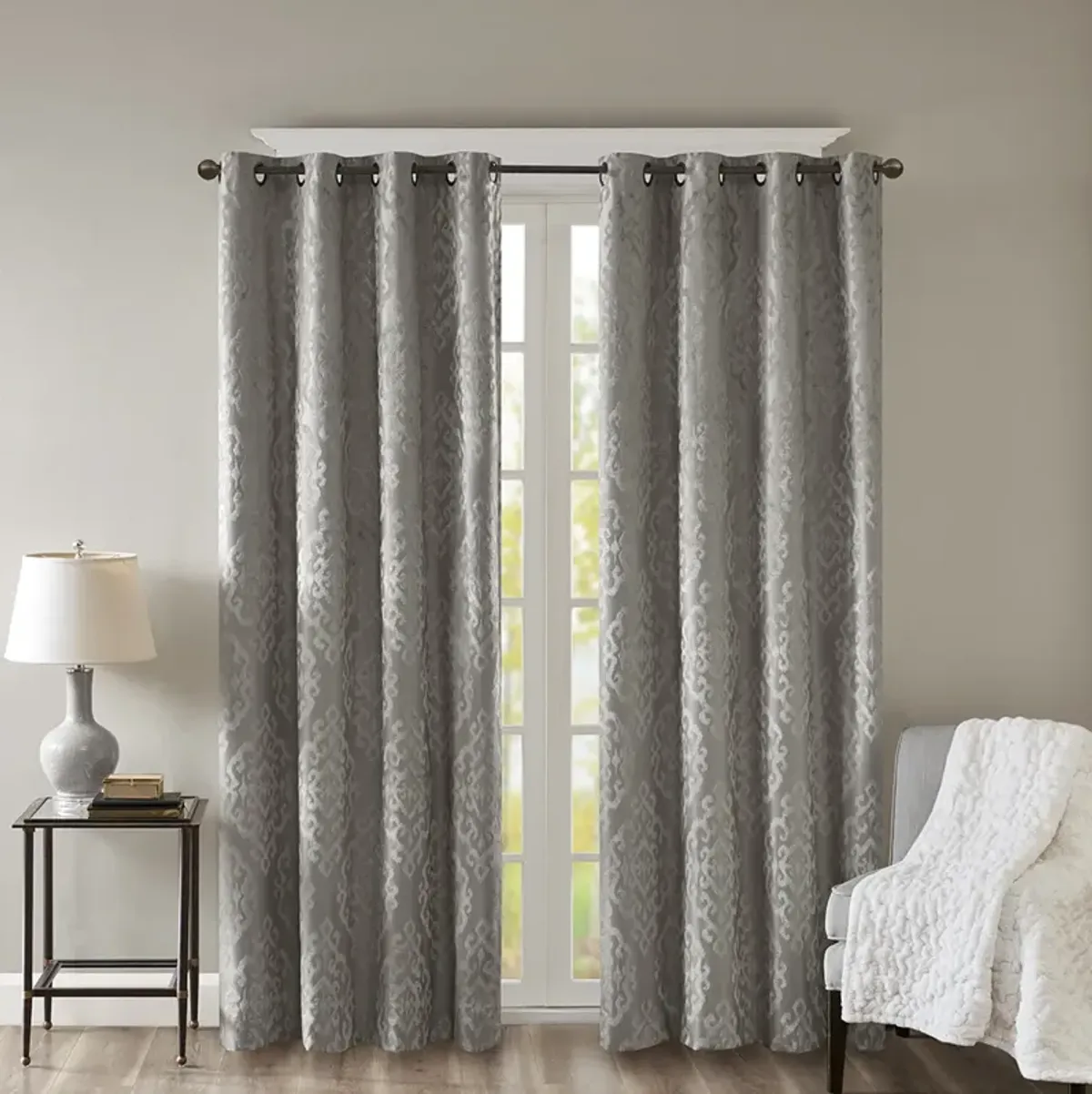 SunSmart Mirage Charcoal Knitted Jacquard Damask Total Blackout Grommet Top Curtain Panel