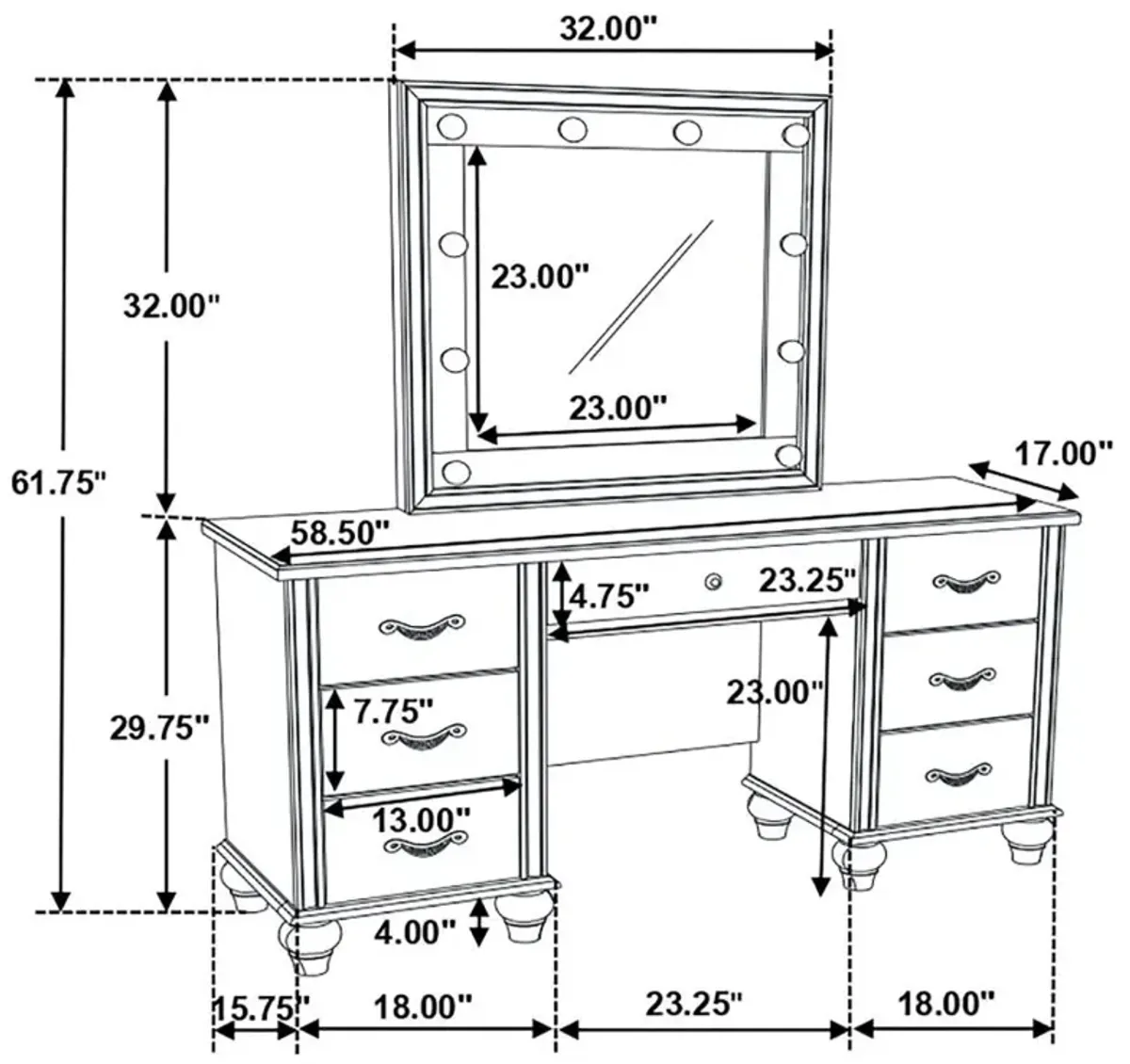 Barzini 7-drawer Vanity Desk with Lighted Mirror White