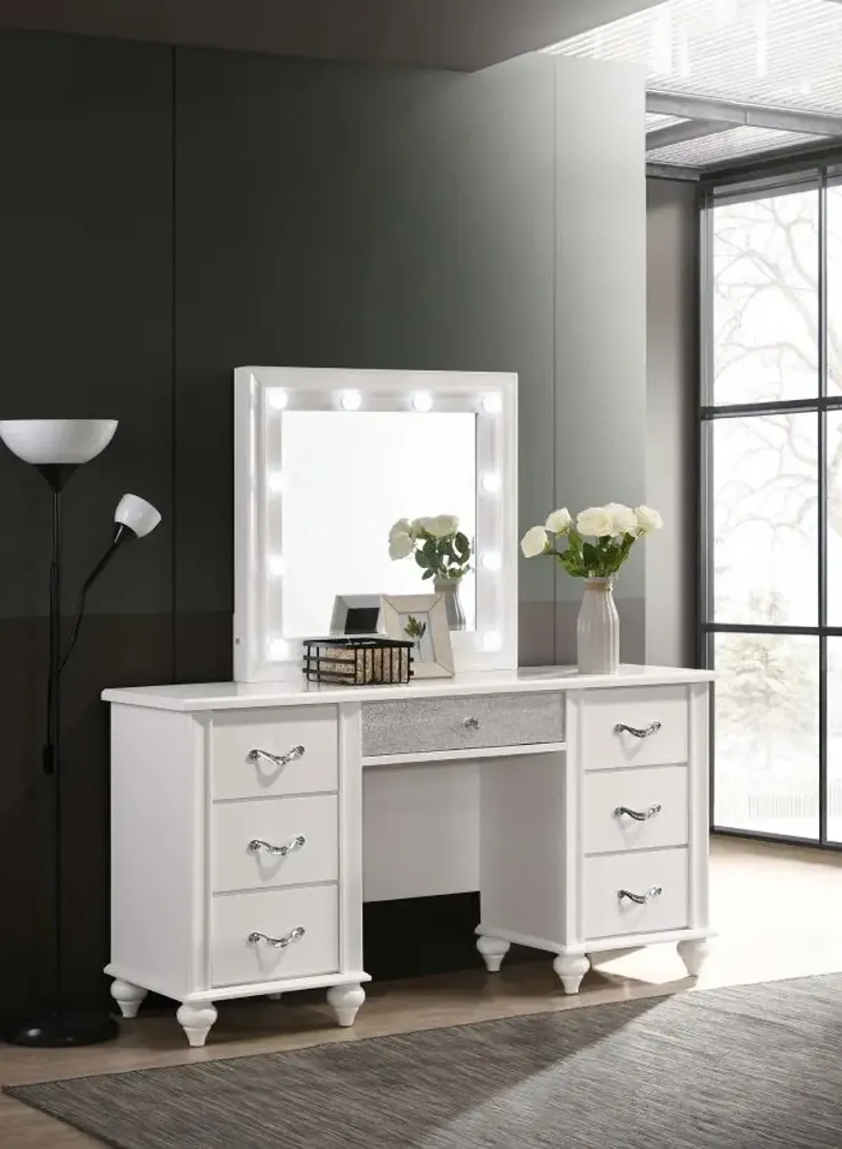 Barzini 7-drawer Vanity Desk with Lighted Mirror White