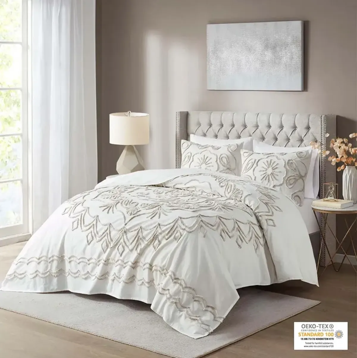 Madison Park Violette Ivory/Taupe 3 Piece Tufted Cotton Chenille  Coverlet Set