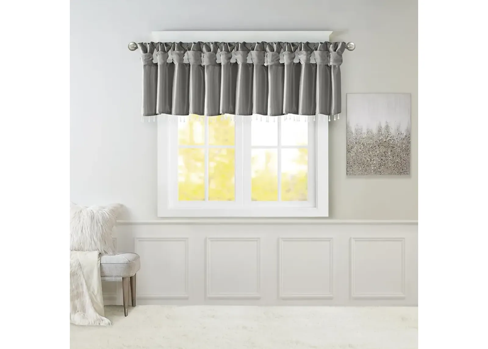 Madison Park Emilia Charcoal Lightweight Faux Silk Valance With Beads