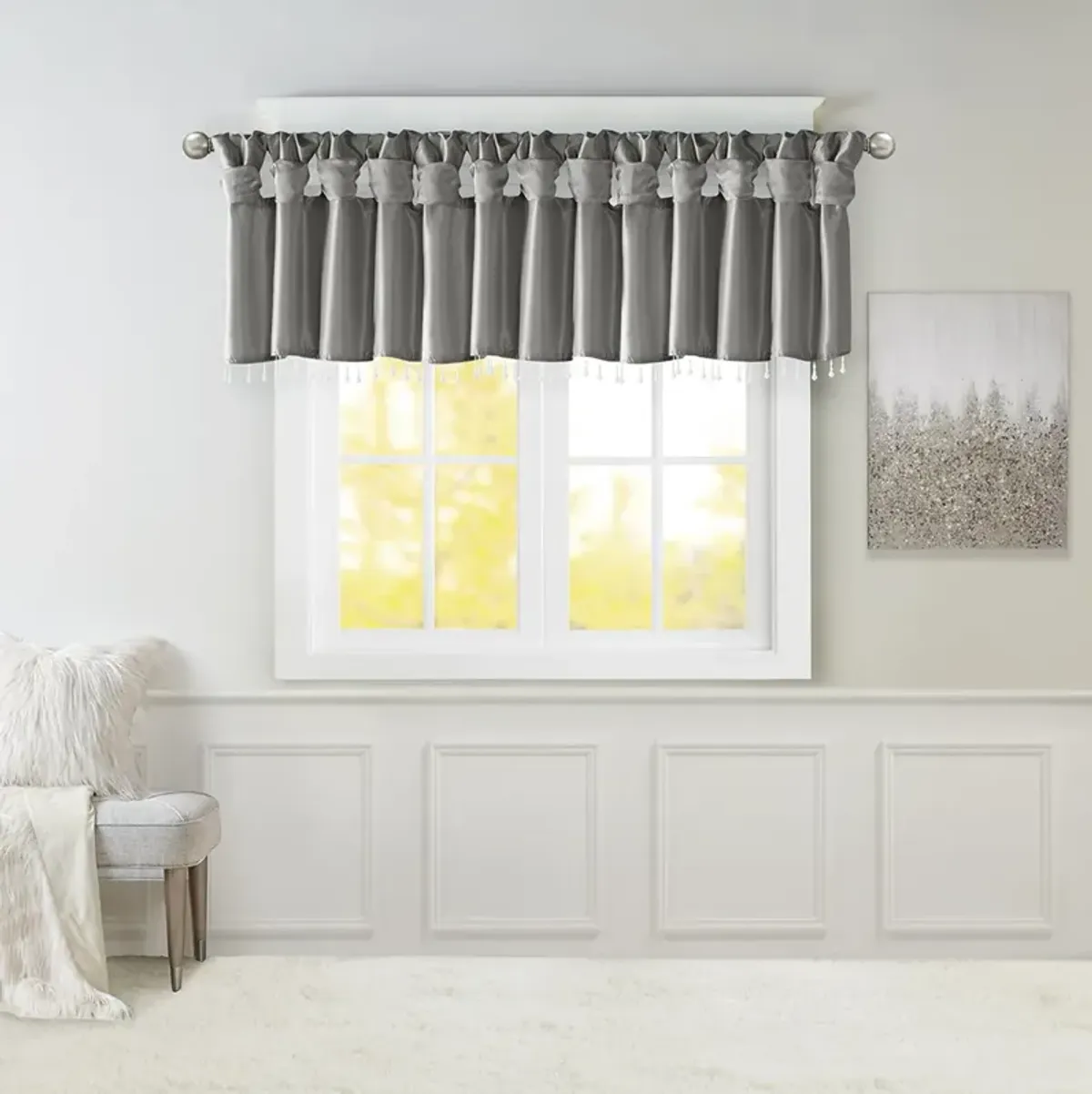 Madison Park Emilia Charcoal Lightweight Faux Silk Valance With Beads