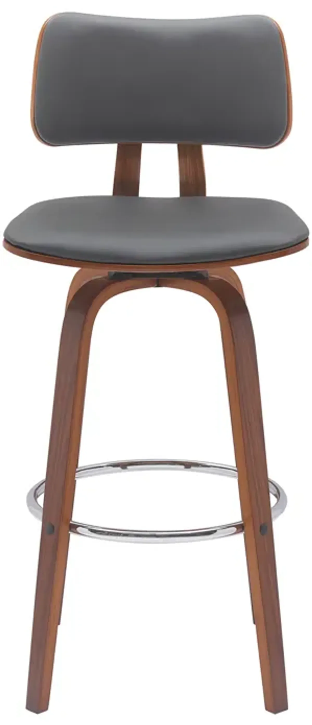 Pico 30" Swivel Walnut Wood Bar Stool in Gray Faux Leather with Chrome