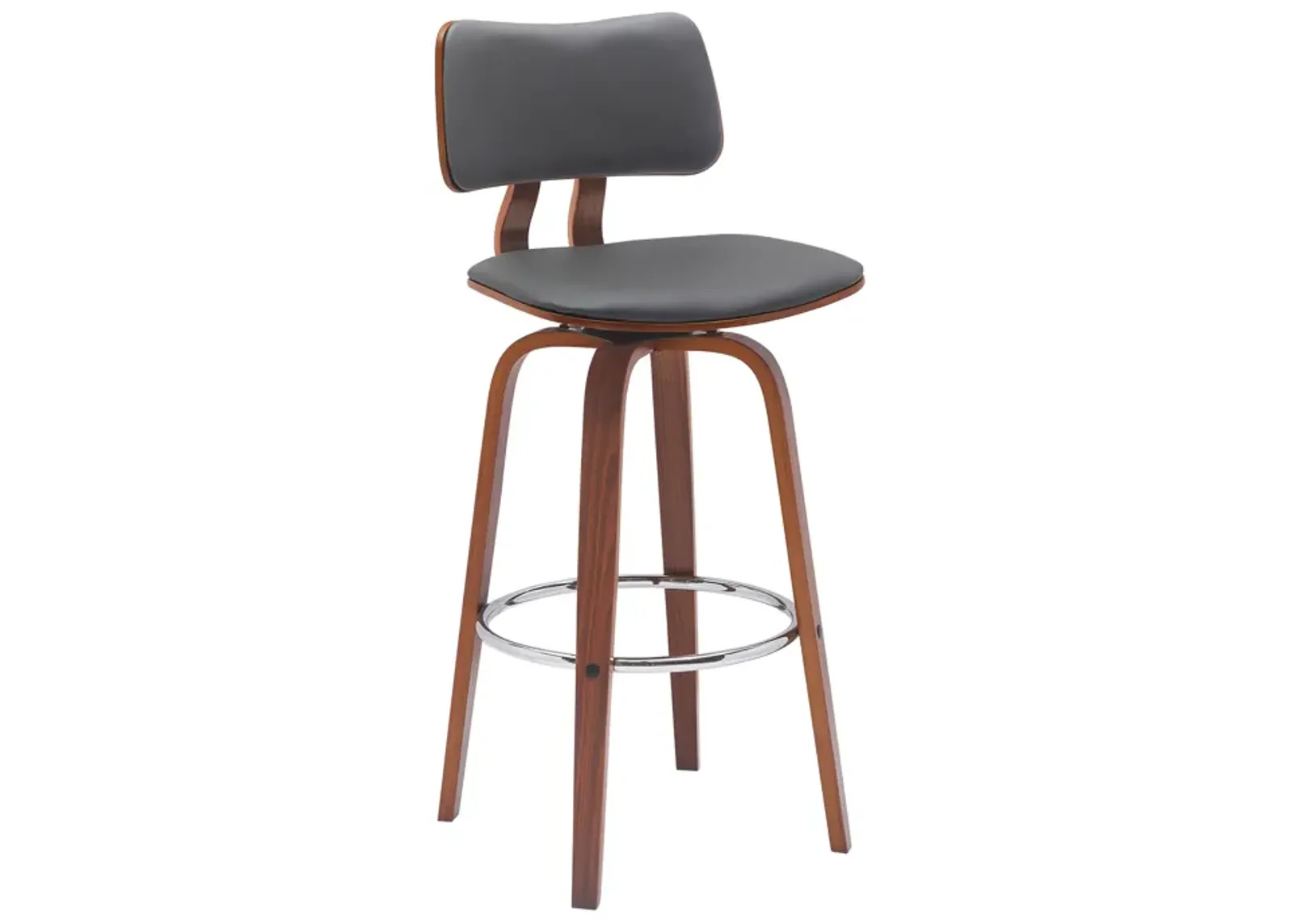 Pico 30" Swivel Walnut Wood Bar Stool in Gray Faux Leather with Chrome