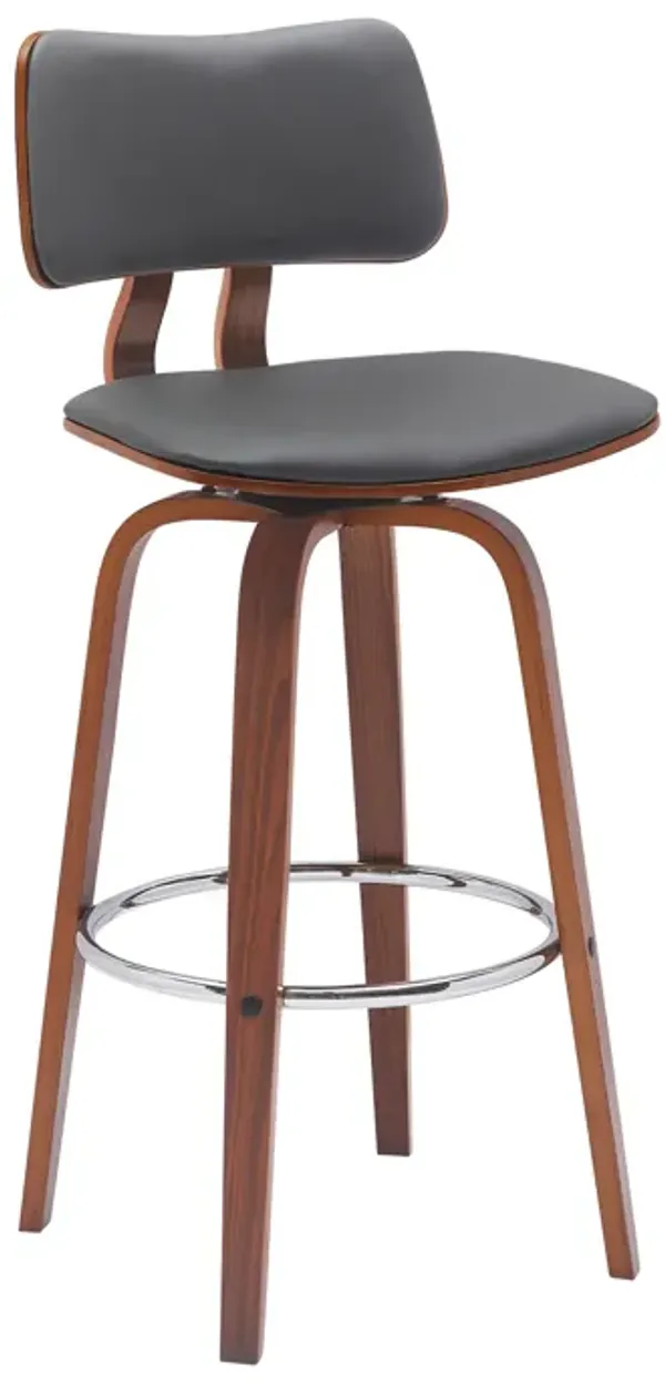Pico 30" Swivel Walnut Wood Bar Stool in Gray Faux Leather with Chrome