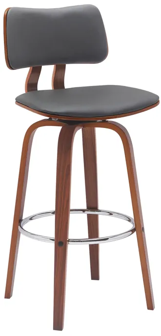 Pico 30" Swivel Walnut Wood Bar Stool in Gray Faux Leather with Chrome