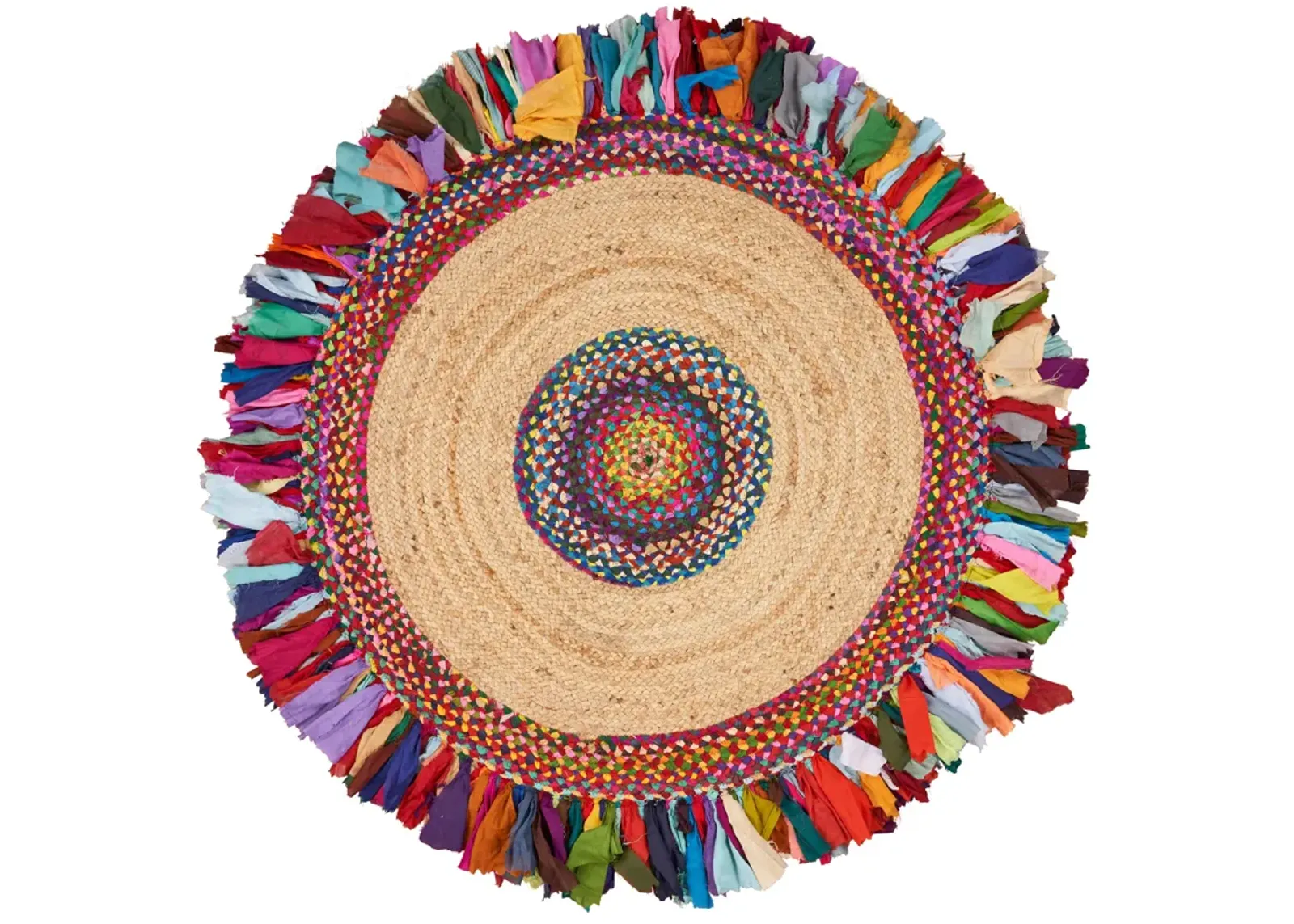 Nature Multicolored/ Tan Bohemian Chindi Cotton Blend Indoor  Round  Area Rug 5'6"