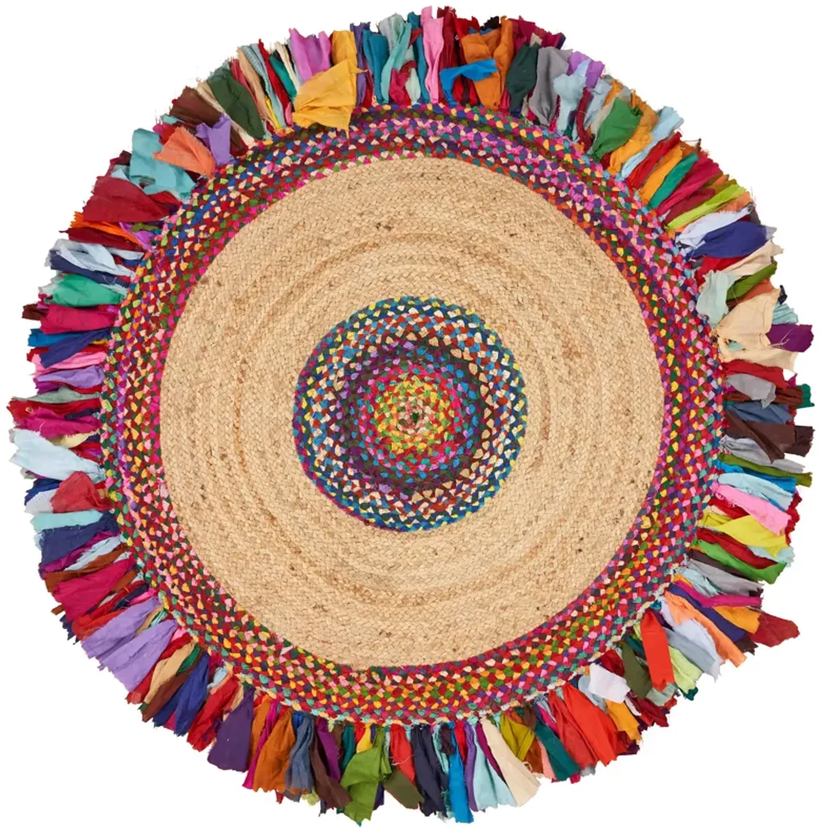 Nature Multicolored/ Tan Bohemian Chindi Cotton Blend Indoor  Round  Area Rug 5'6"