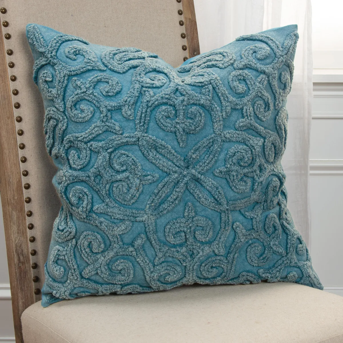 Solid Tonal Fleur De Lis Blue Pillow