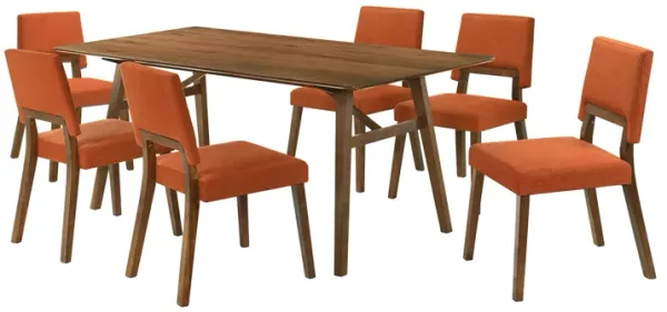 Channell 7 Piece Walnut Wood Dining Table Set with Orange Fabric