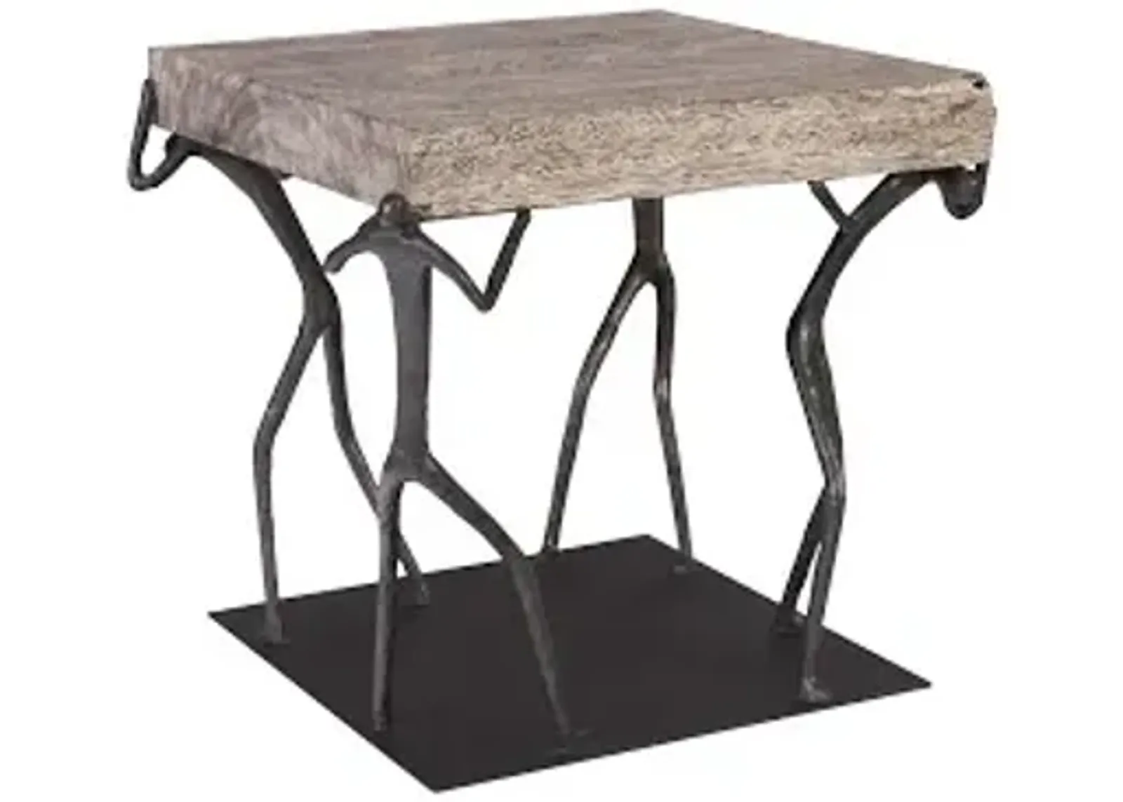 atlas side table, chamcha wood, gray stone finish, metal