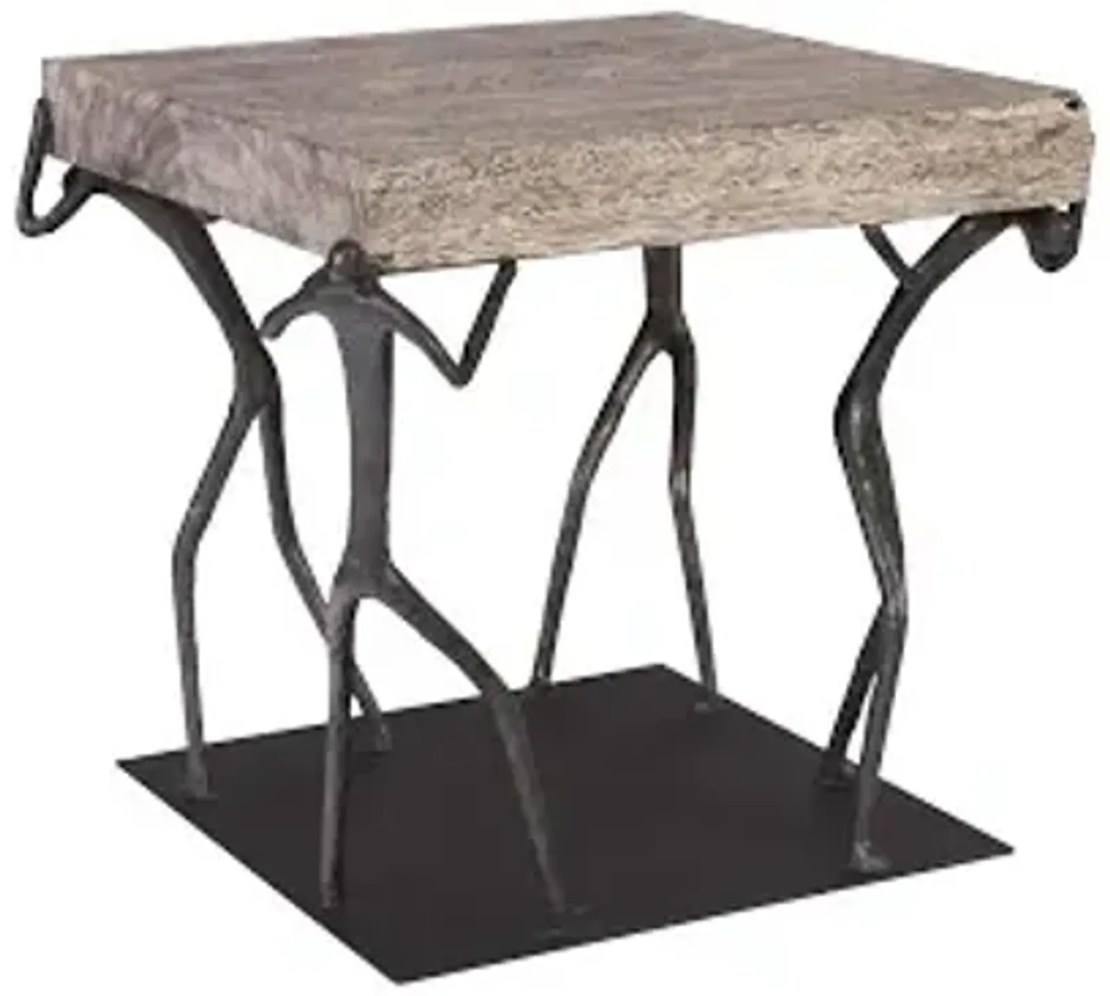 atlas side table, chamcha wood, gray stone finish, metal