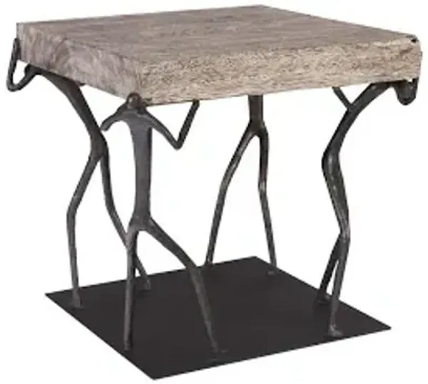 atlas side table, chamcha wood, gray stone finish, metal