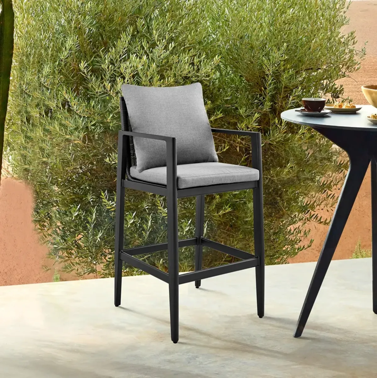 Cayman Outdoor Patio Bar Stool in Aluminum with Grey Cushions