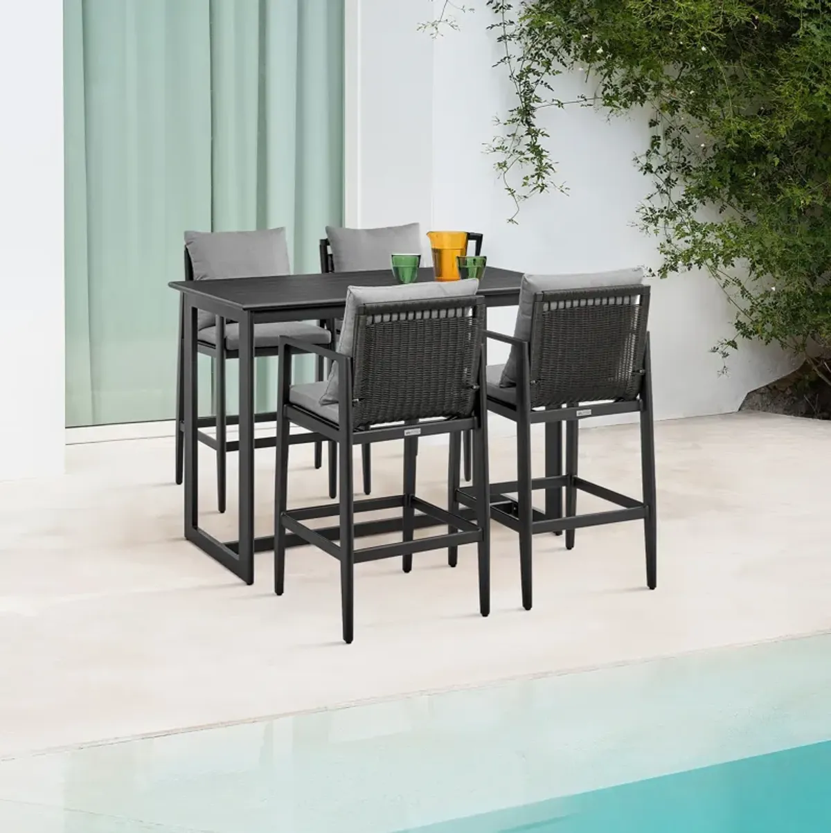 Cayman Outdoor Patio Bar Stool in Aluminum with Grey Cushions