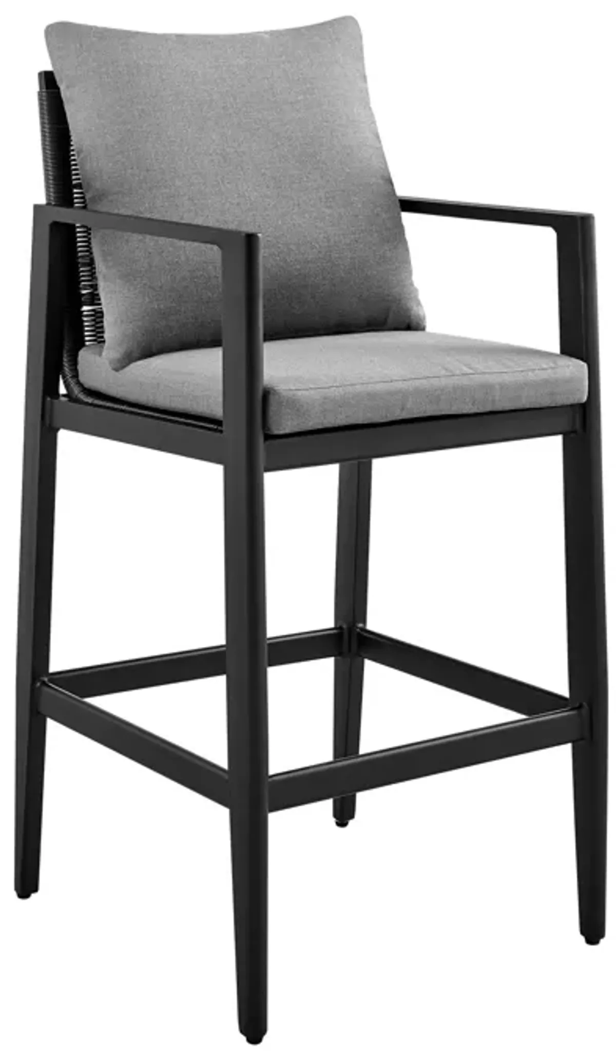 Cayman Outdoor Patio Bar Stool in Aluminum with Grey Cushions