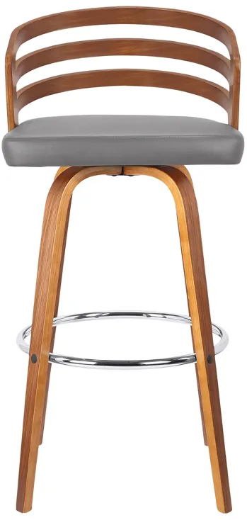 Jayden 30" Bar Height Swivel Grey Faux Leather and Walnut Wood Bar Stool