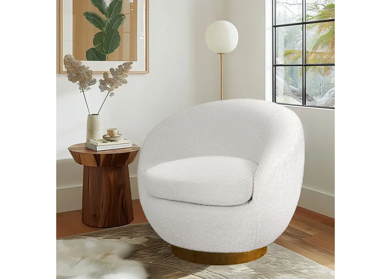 Shearling Sherpa Swivel Chair with Wood Base