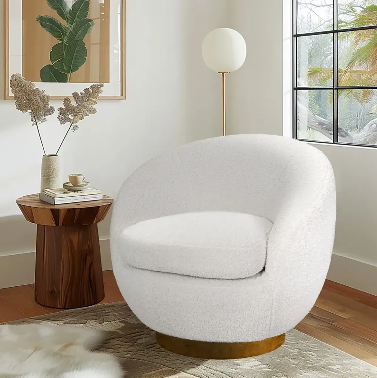 Shearling Sherpa Swivel Chair with Wood Base