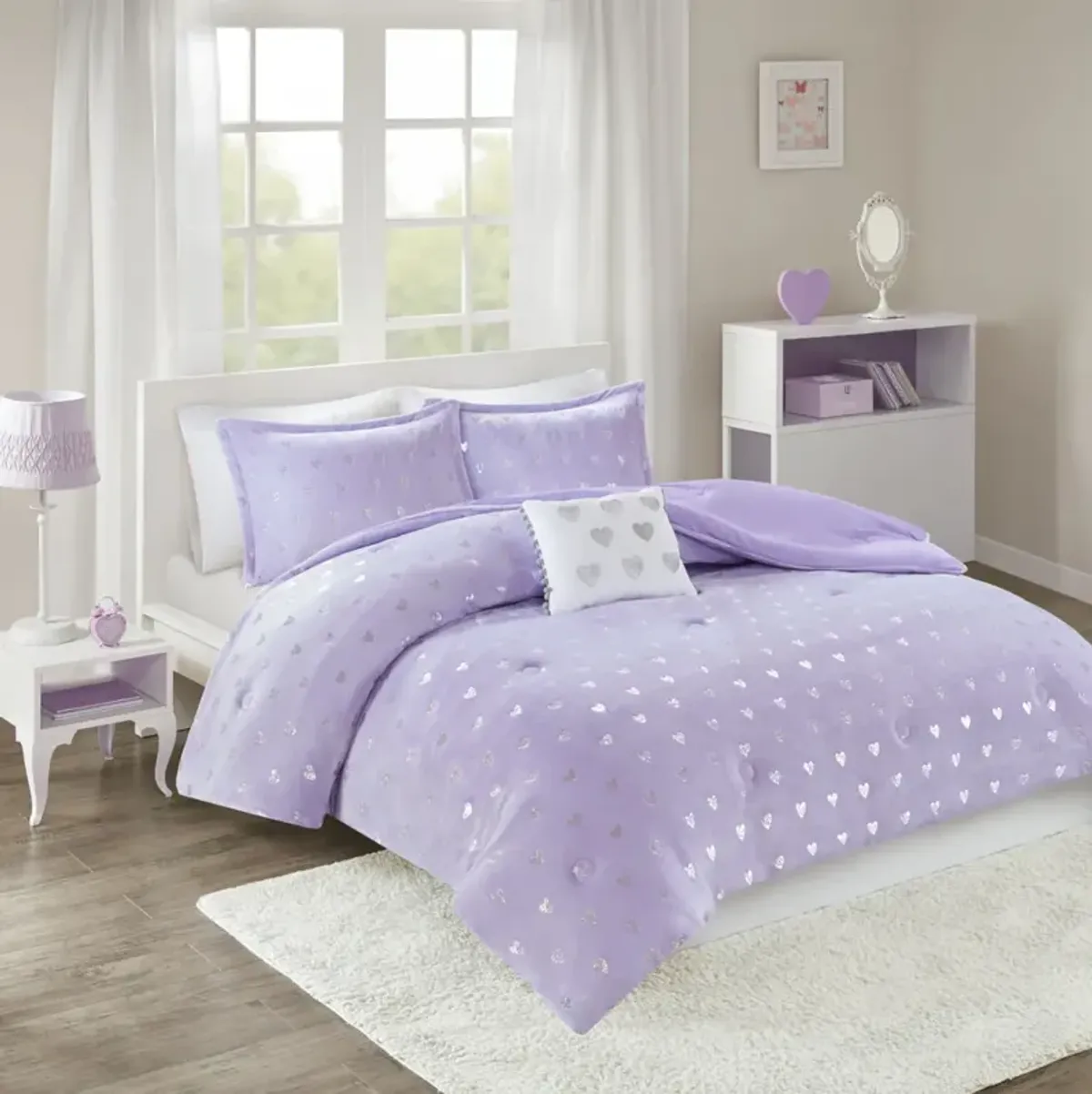 Mi Zone Rosalie Purple/Silver Metallic Printed Plush Comforter Set