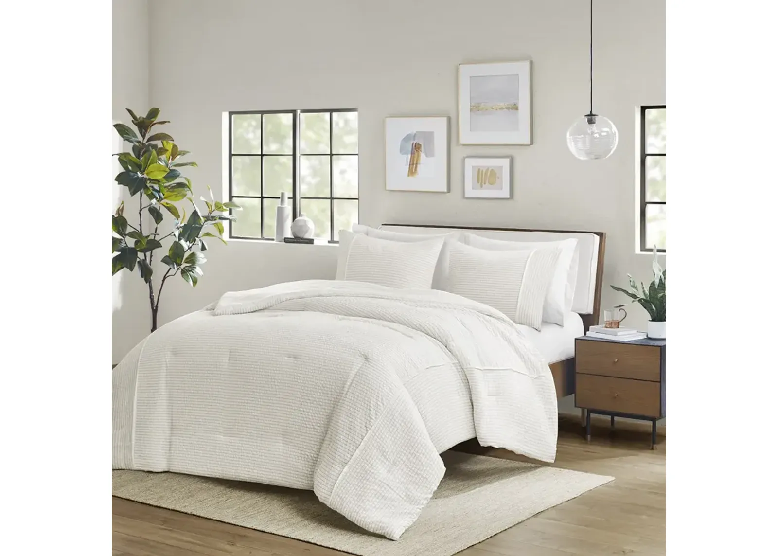 Beautyrest Apollo Ivory 3 Piece Striped Seersucker Oversized Comforter Set