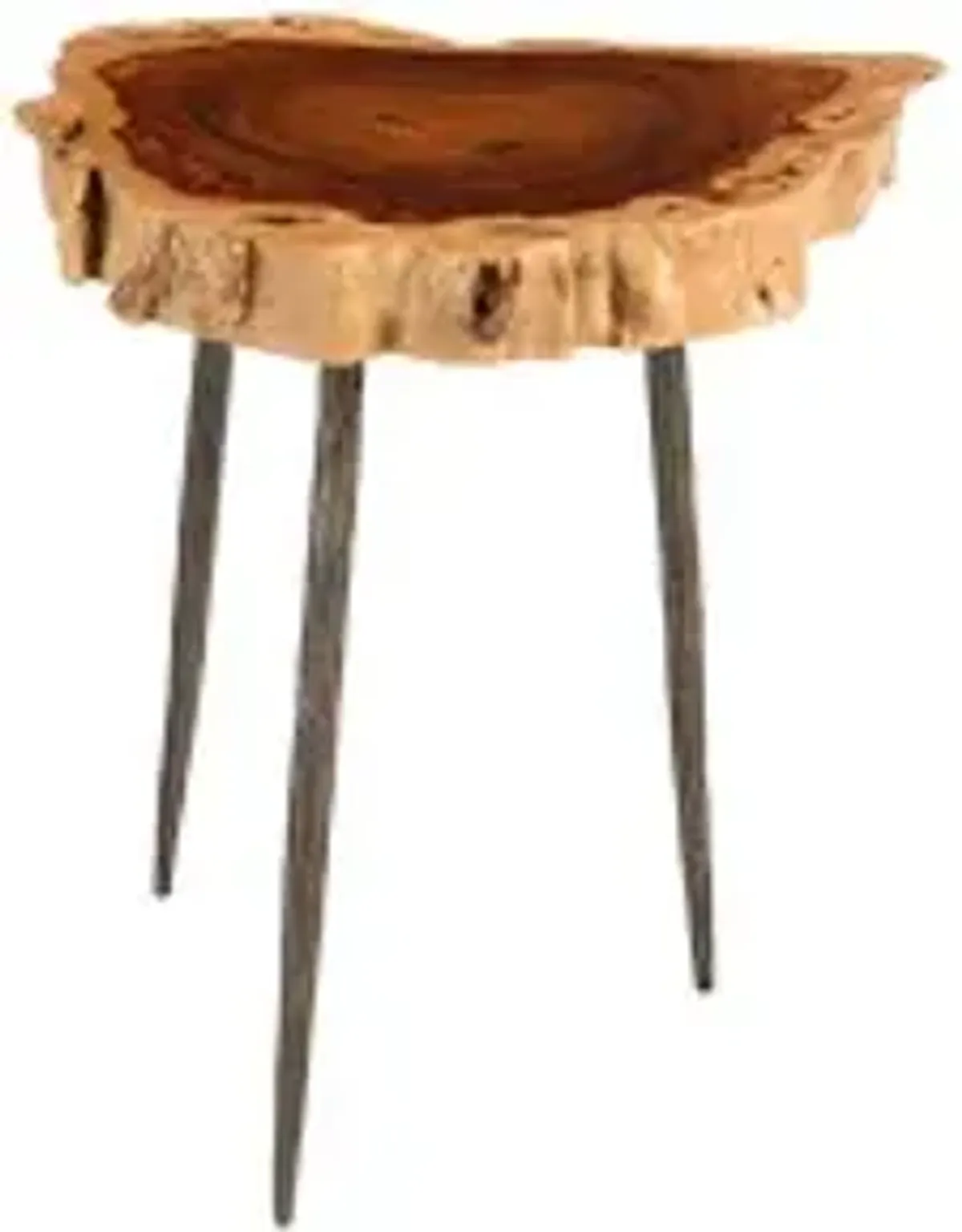 burled side table, forged legs