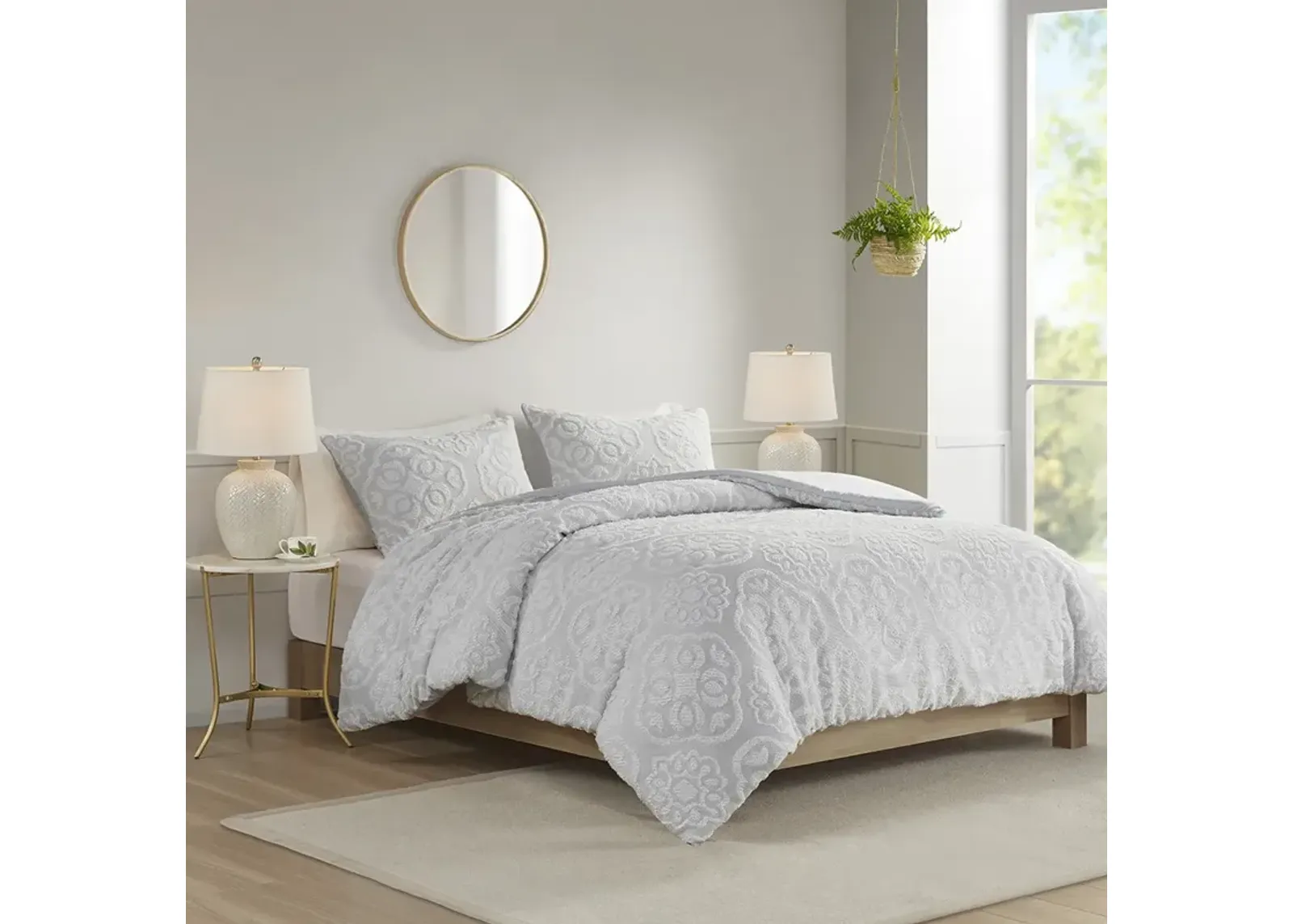 Madison Park Everly Grey/White 3 Piece Tufted Woven Medallion Duvet Cover Set