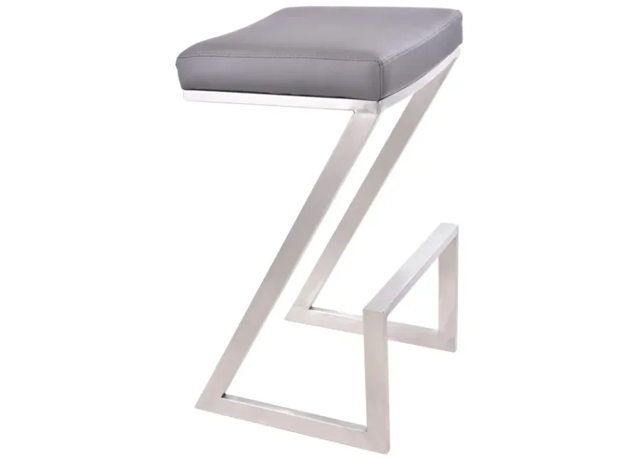 Atlantis 26" Counter Height Backless Grey Faux Leather and Brushed Stainless Steel Bar Stool