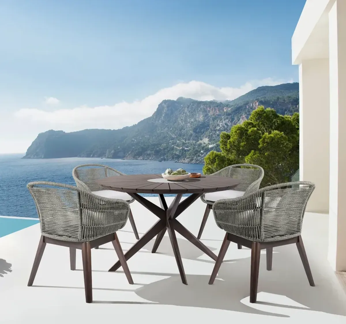 Oasis Tutti Frutti Outdoor Patio 5 Piece Round Dining Set in Eucalyptus Wood with Gray Rope and Cushions