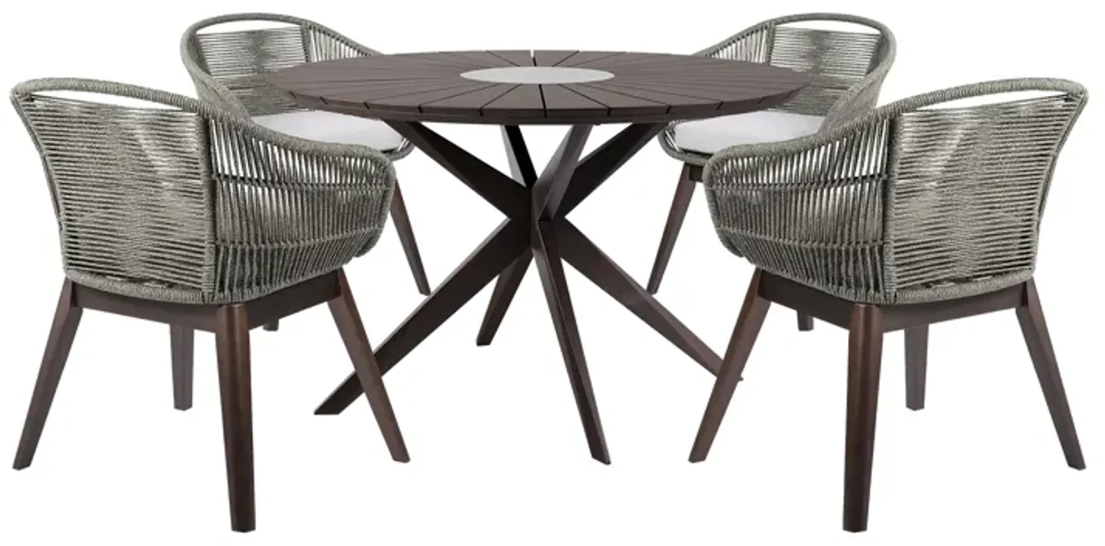 Oasis Tutti Frutti Outdoor Patio 5 Piece Round Dining Set in Eucalyptus Wood with Gray Rope and Cushions