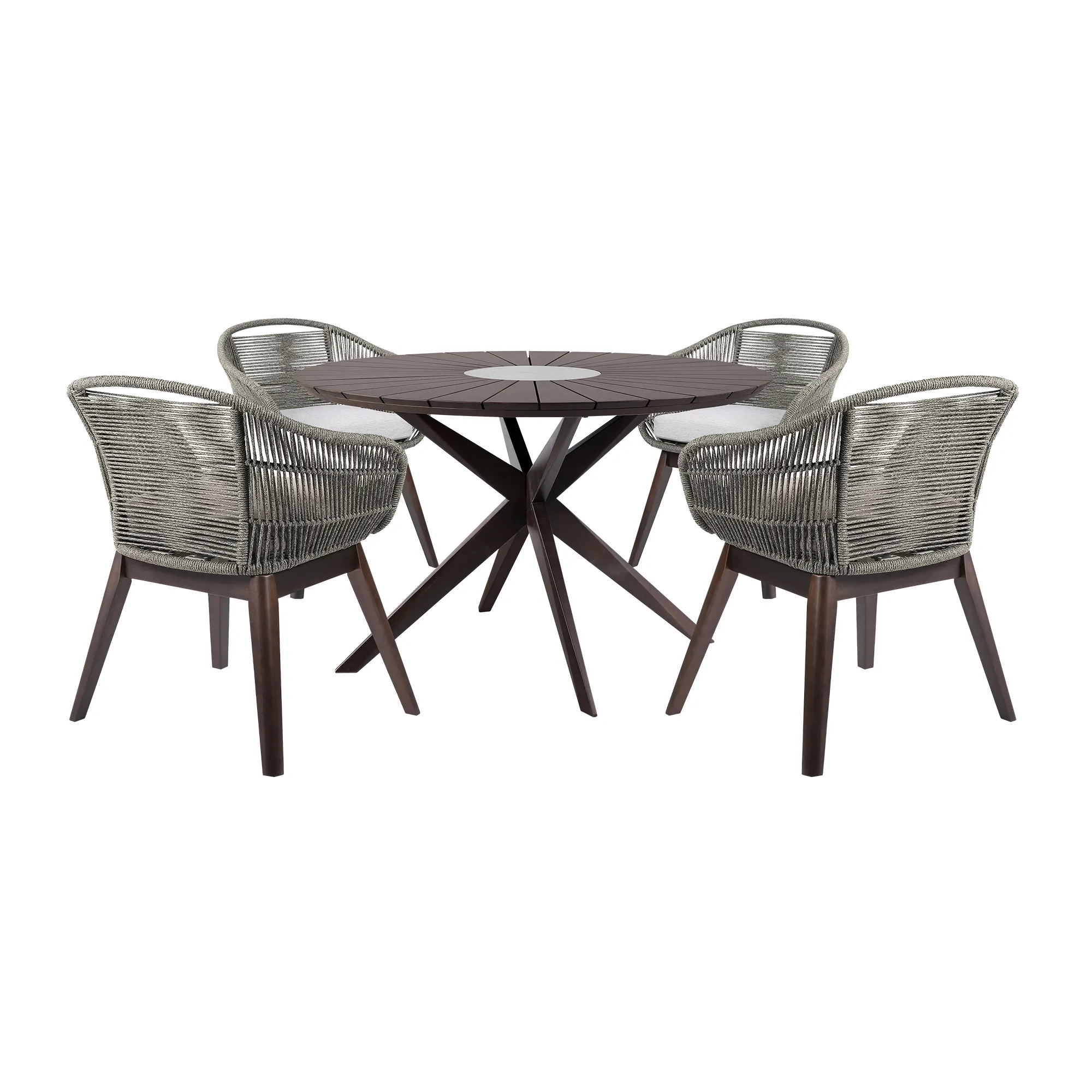 Oasis Tutti Frutti Outdoor Patio 5 Piece Round Dining Set in Eucalyptus Wood with Gray Rope and Cushions