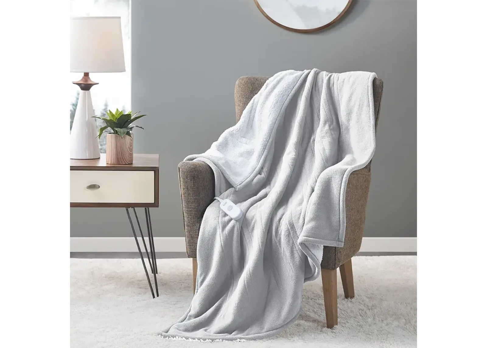 Serta Fleece to Sherpa Light Grey Heated Throw